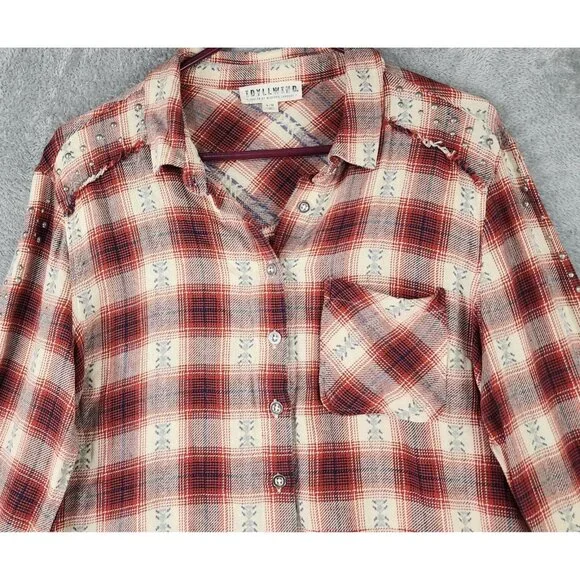 Idyll Wind Shirt Womens Large Red Cream Plaid Flannel Beaded Fringed Western Top - Picture 6 of 14